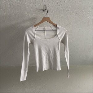 Free People White Ribbed Long Sleeve Top